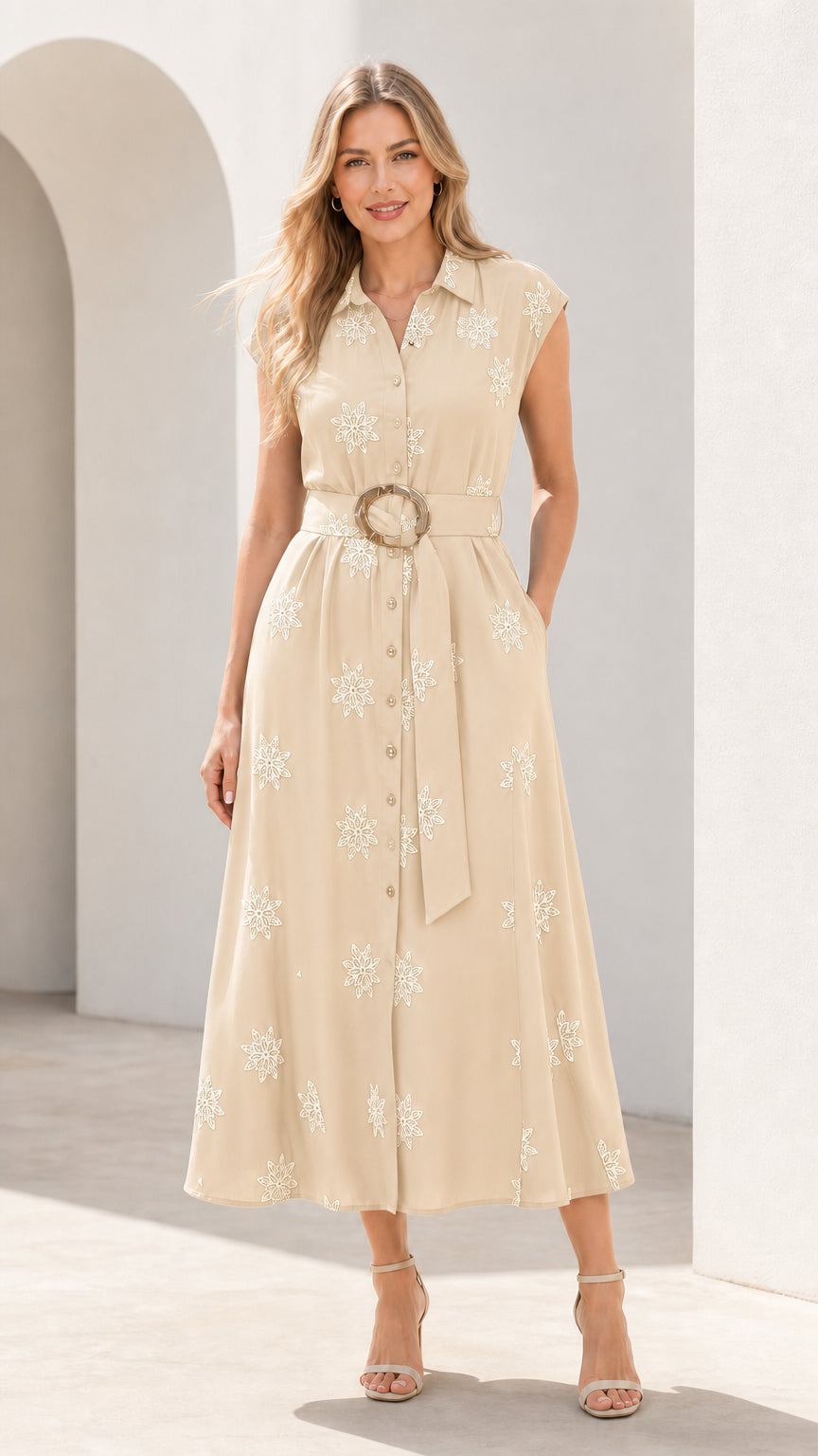 Front view of woman wearing beige cream embroidered midi shirt dress