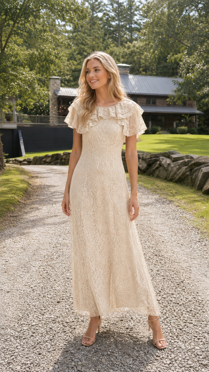 Full length photo of model in elegant champagne cream lace formal maxi dress