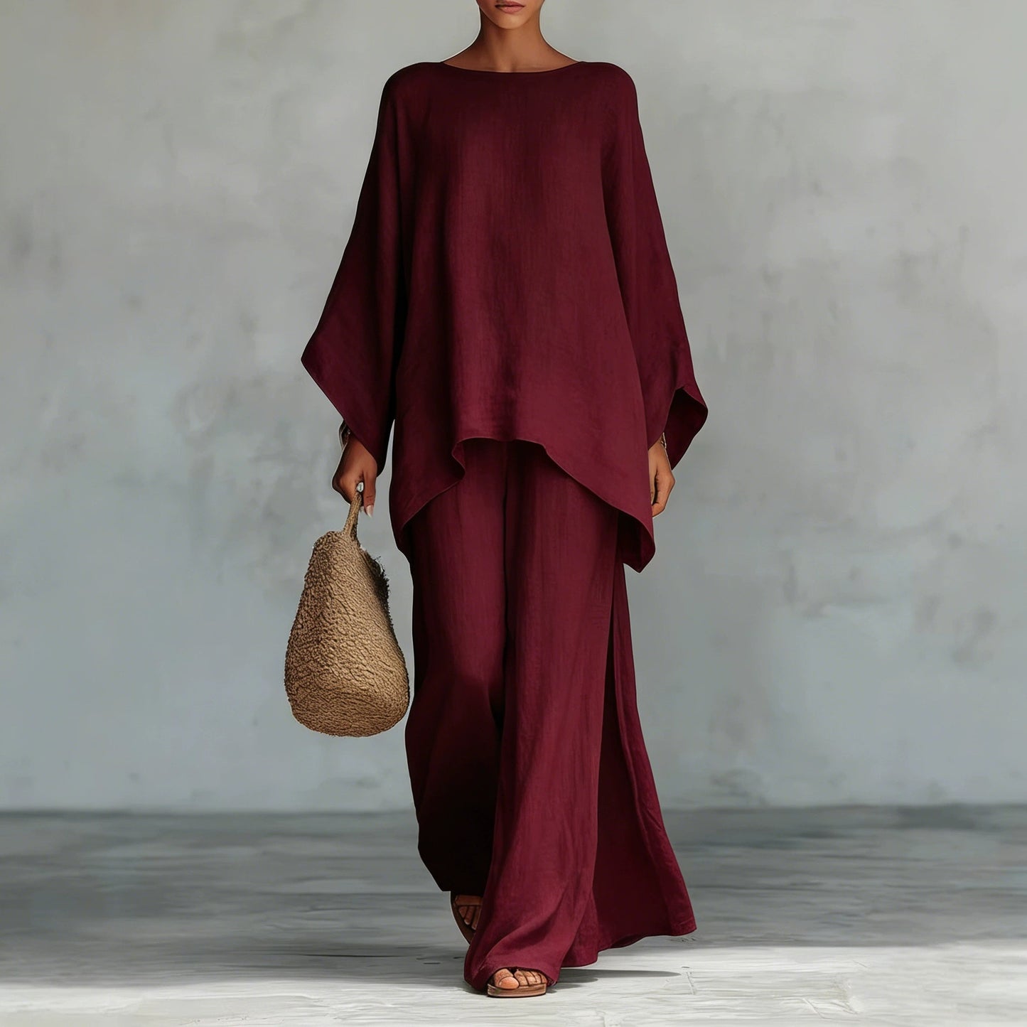 Linen-Look Asymmetric Tunic Top & Wide-Leg Pants Set