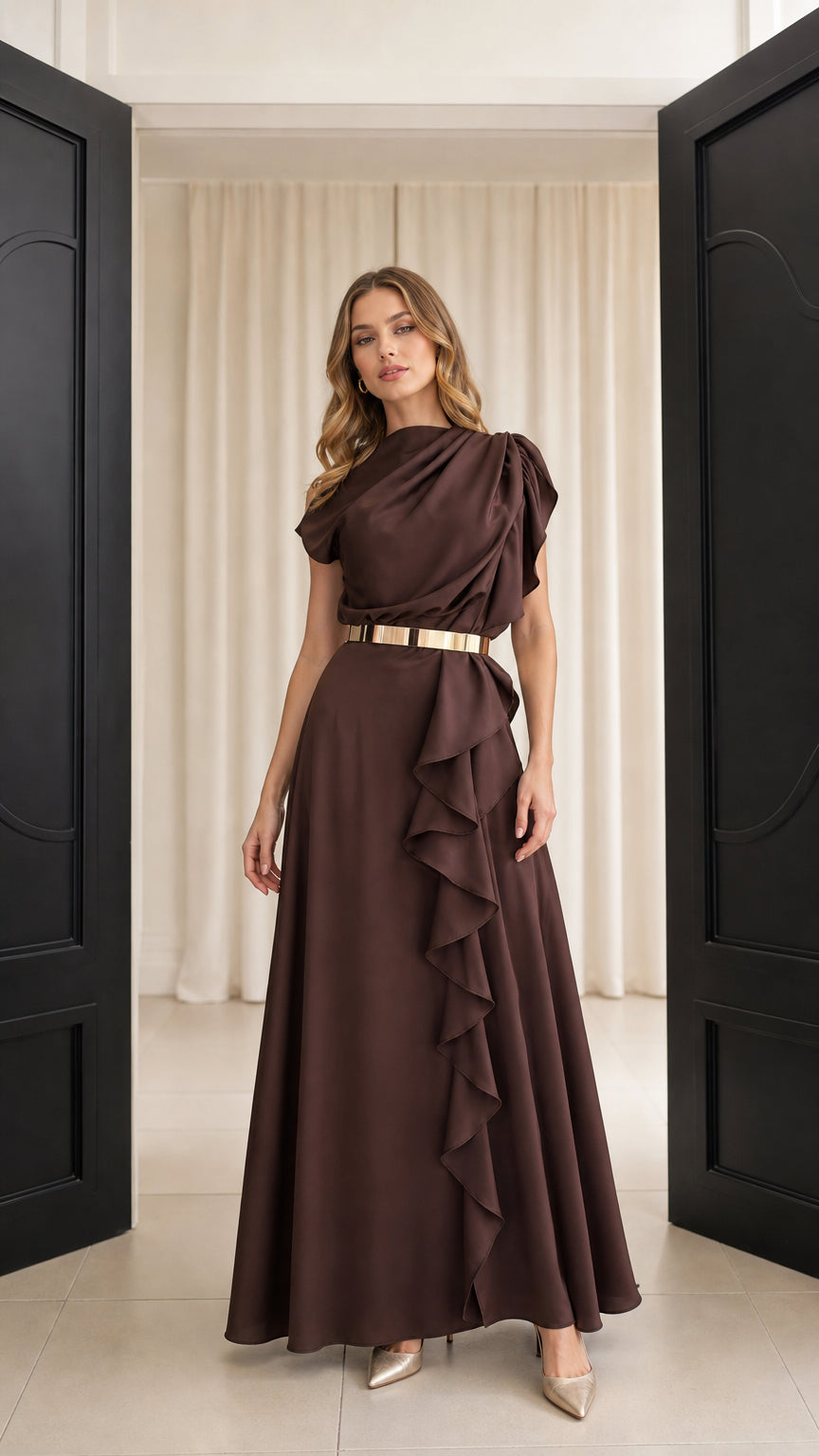 Full front view of elegant asymmetric draped maxi dress in chocolate brown with gold belt