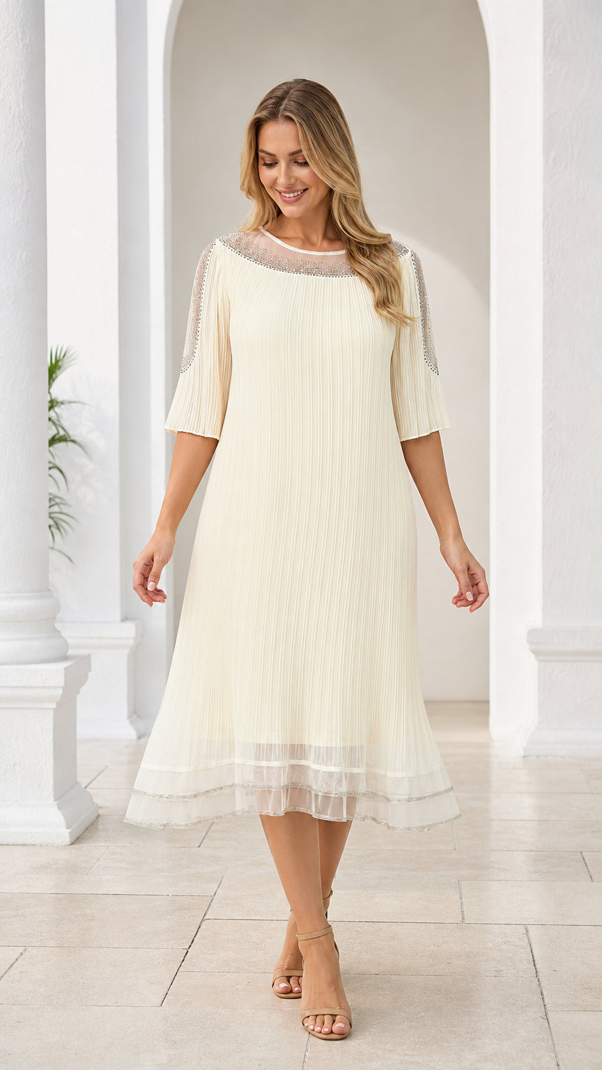 Cream pleated midi dress with rhinestone illusion neckline and half sleeves front view