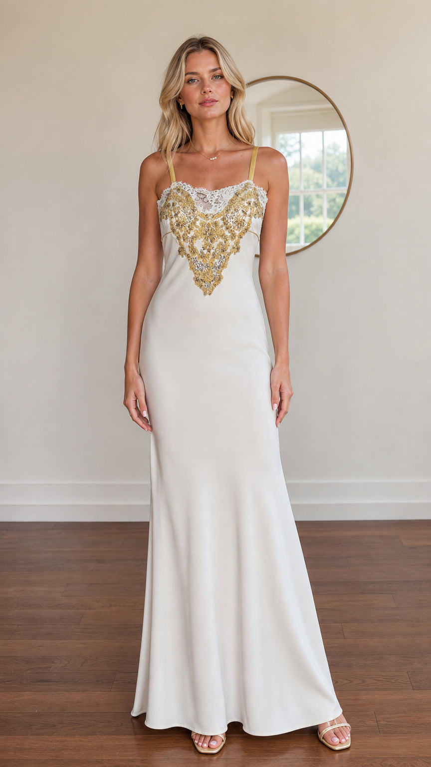 Model wearing white satin maxi dress with gold embroidered bodice front view