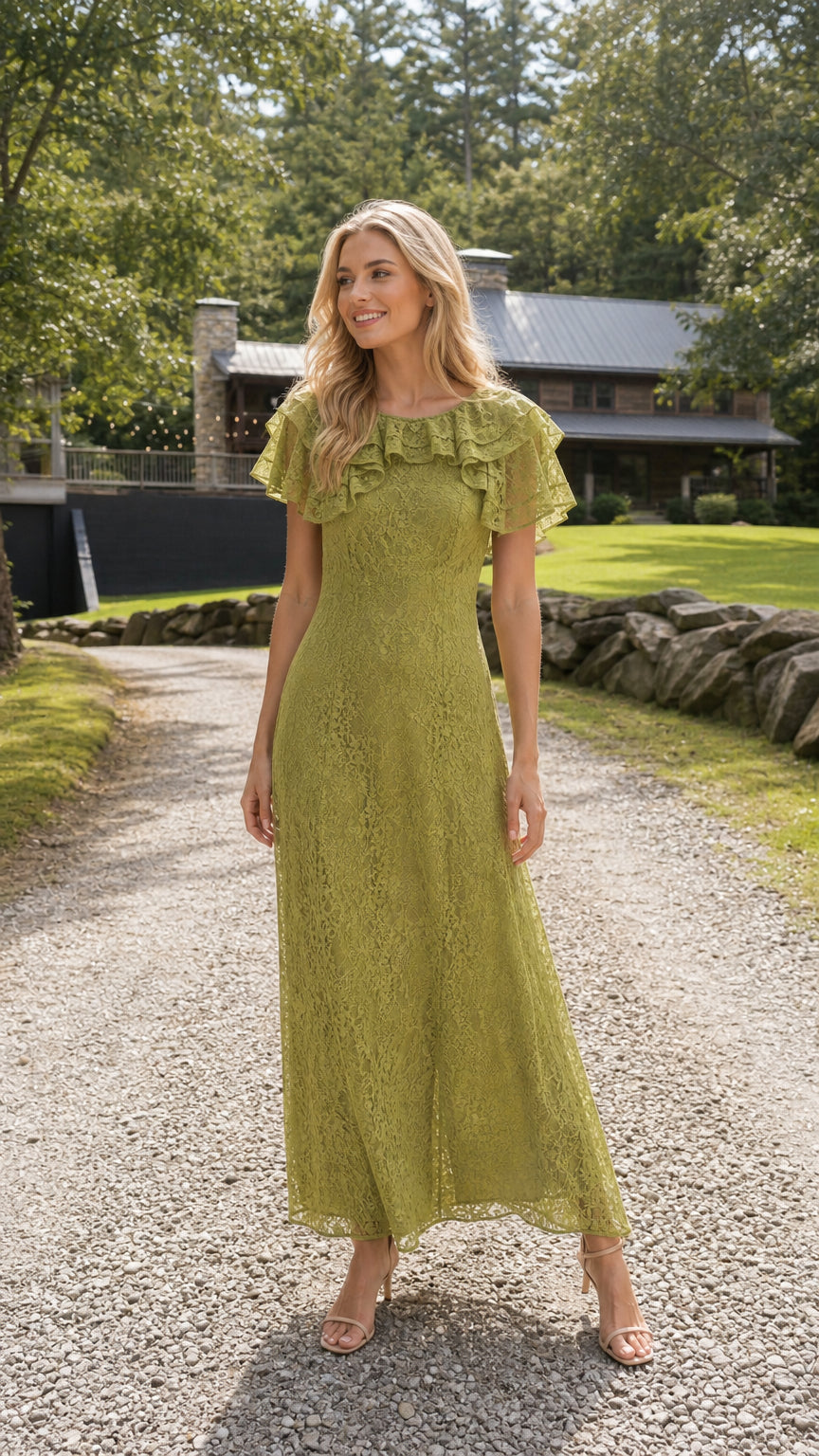 Full front view of model wearing olive green tiered ruffle lace maxi dress outdoors