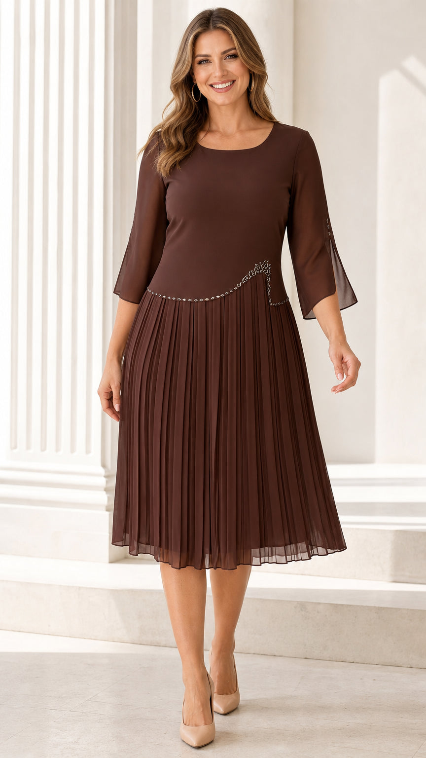 Full front view of model wearing the Chocolate Brown pleated scoop neck midi dress with sheer 3/4 sleeves