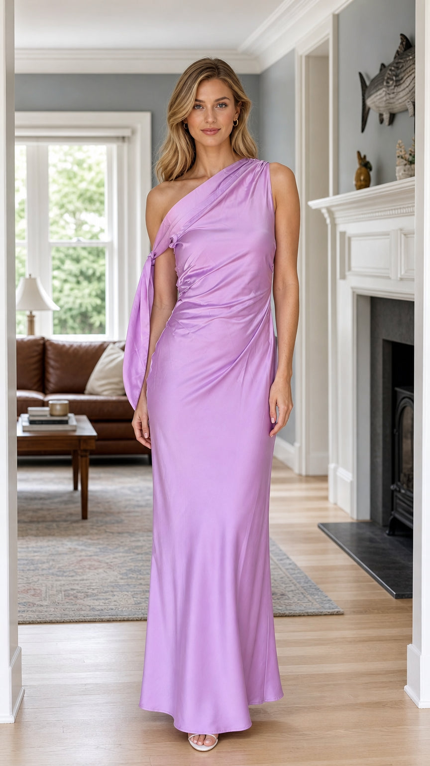 Front view of woman wearing lavender one-shoulder draped satin maxi dress