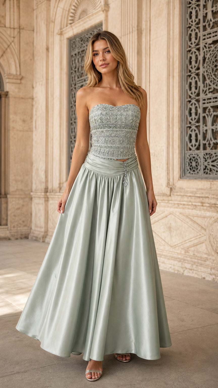 Front view of model wearing sage green strapless beaded corset evening gown