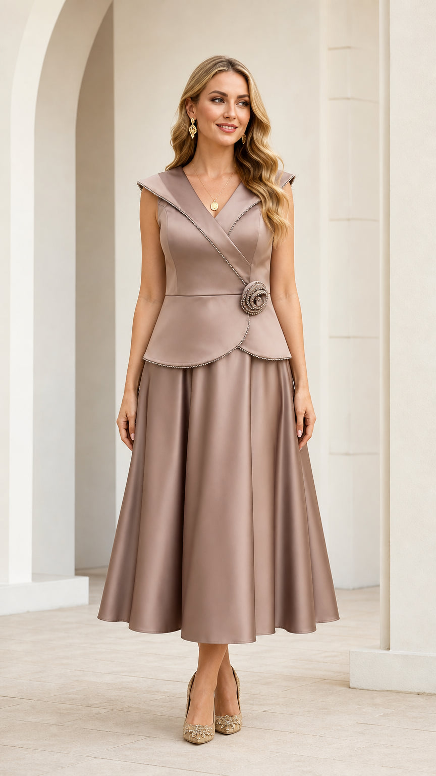 Front view of model wearing taupe sleeveless peplum midi dress with beaded rosette