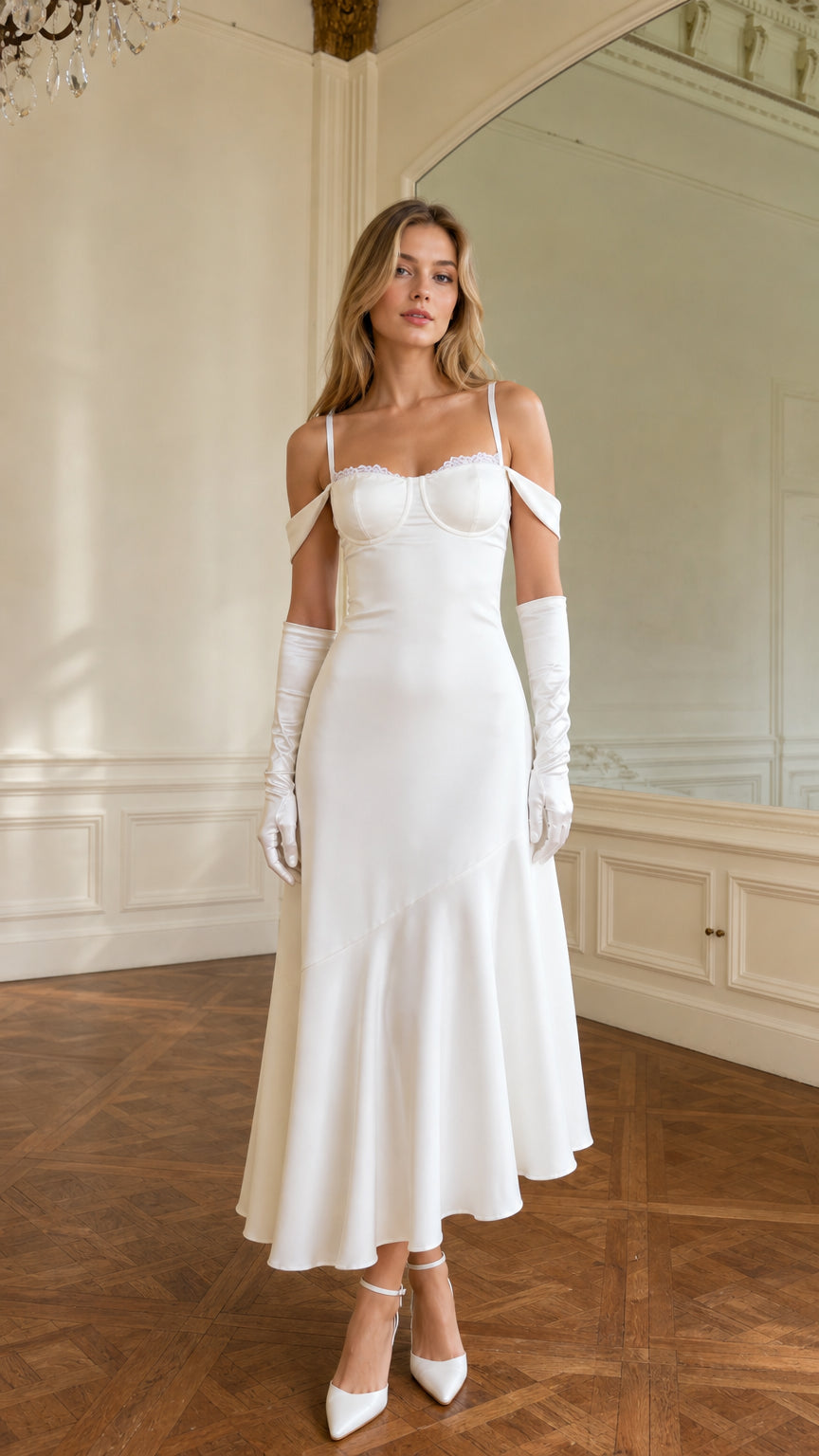 Full front view of model wearing white cold-shoulder bustier satin midi dress