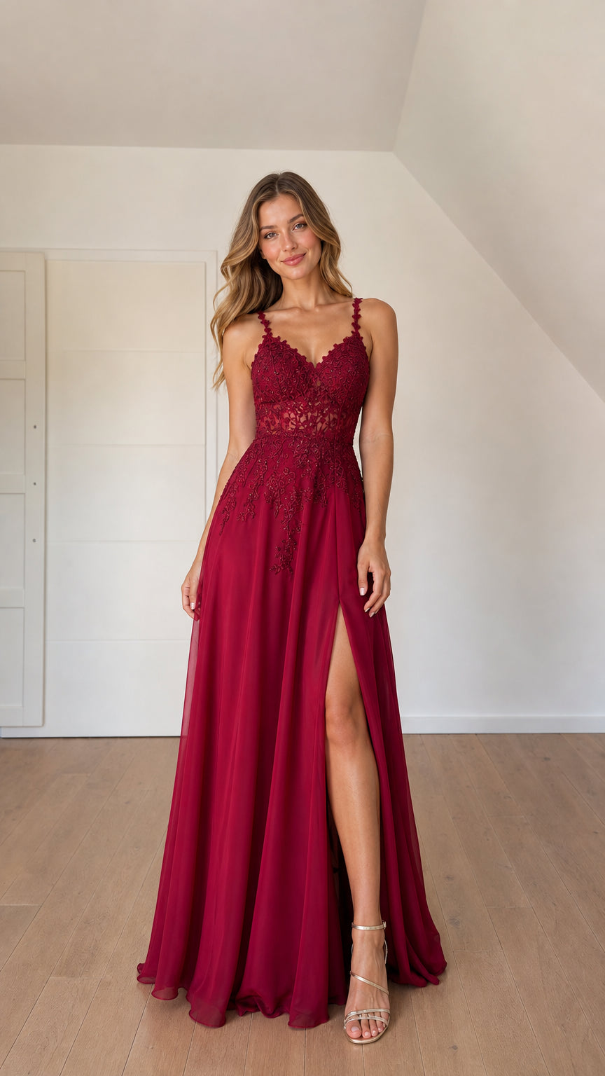 Front view of woman wearing burgundy lace applique A-line chiffon formal gown with leg slit