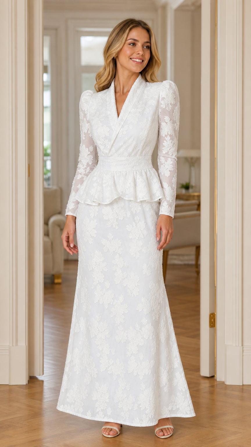Front view of woman wearing white long sleeve floral jacquard peplum maxi dress