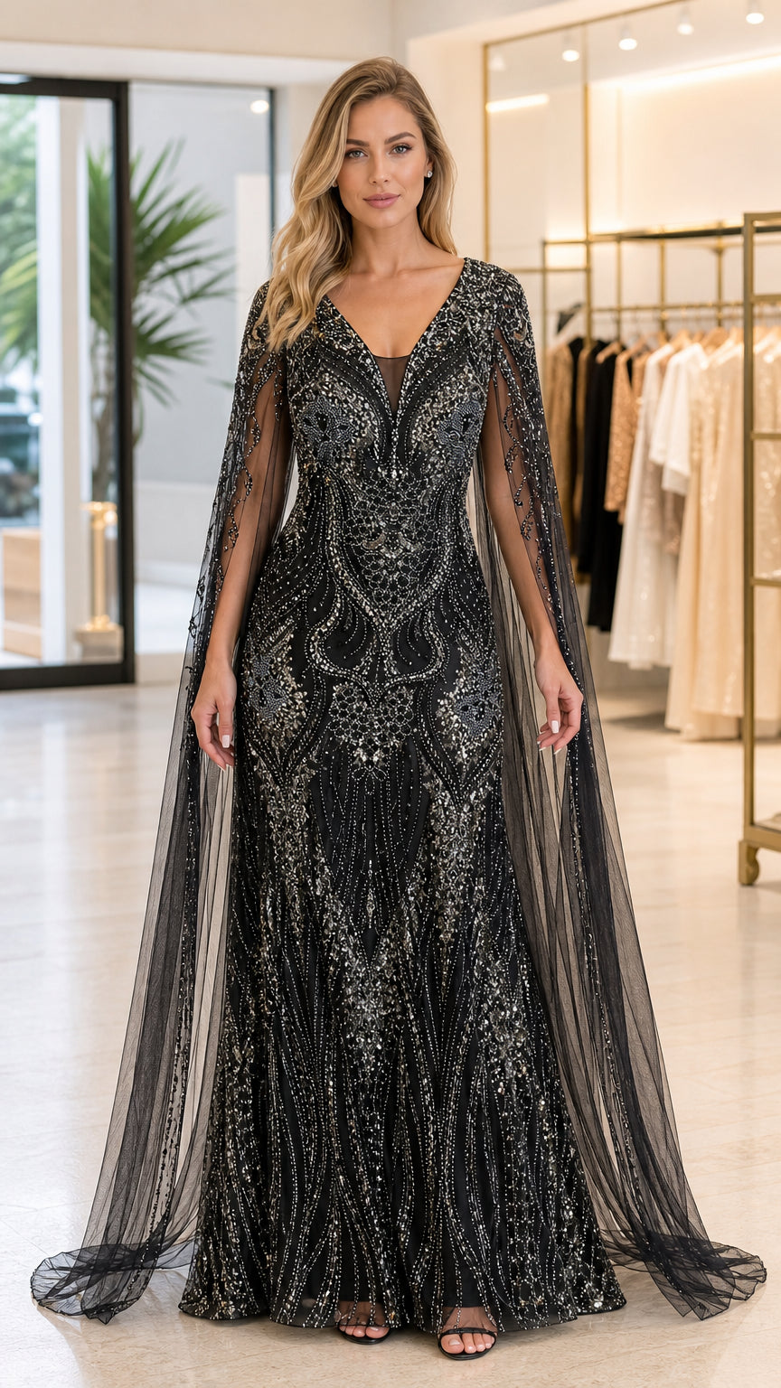 Front full-length view of black sequined evening gown with floor-length sheer cape