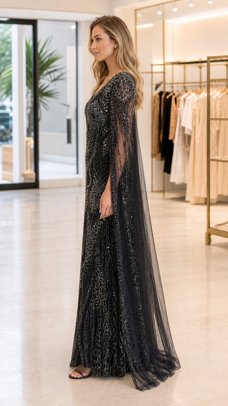 Side profile view of black beaded evening dress showing flowing cape detail