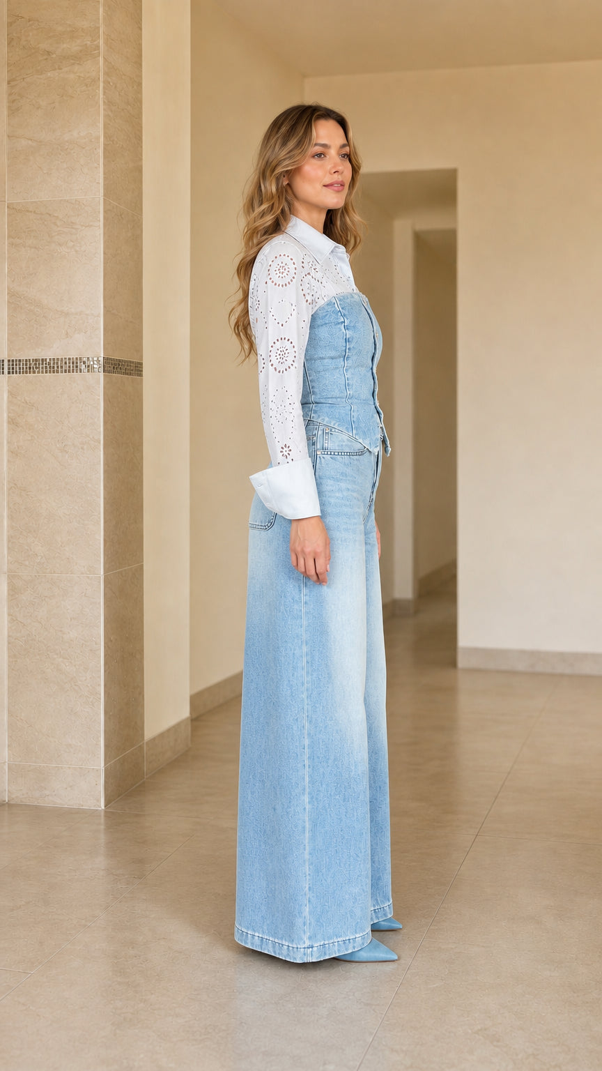 Side profile of woman wearing Light Blue denim corset eyelet top