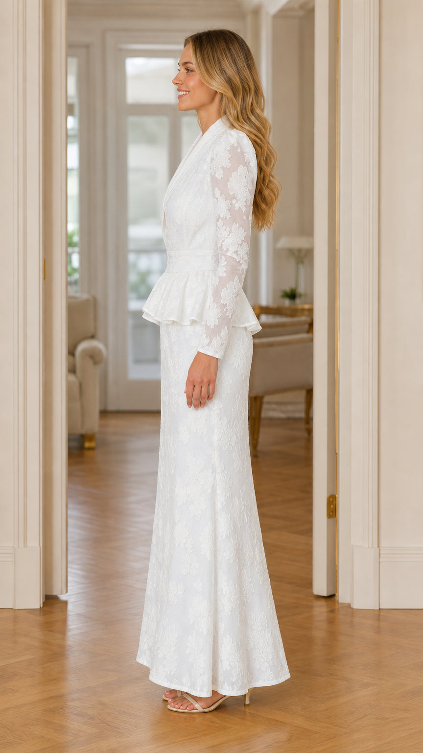Side profile view of woman wearing white long sleeve floral peplum evening gown