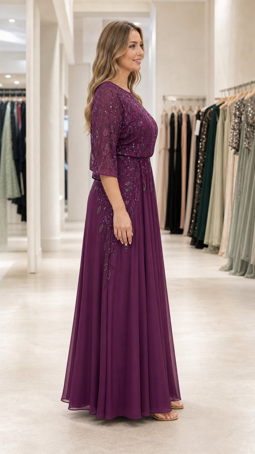 Side profile view of plum A-line embellished chiffon evening dress