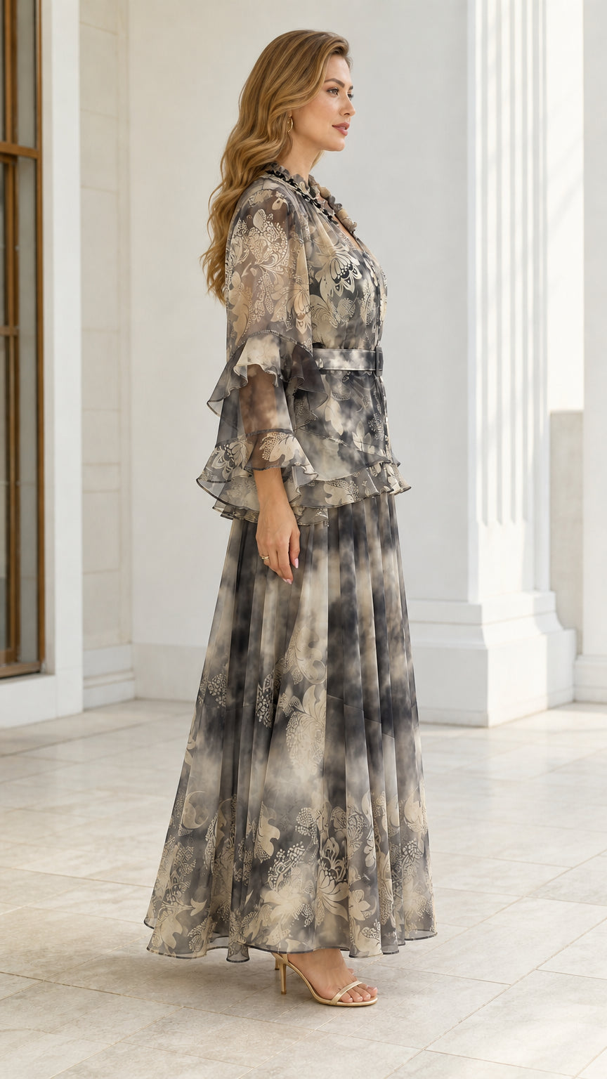 Smoky grey floral print chiffon maxi dress - side view