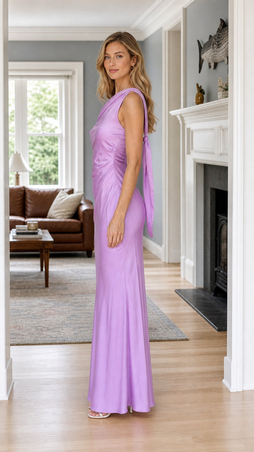 Side profile of woman wearing lavender satin formal evening gown