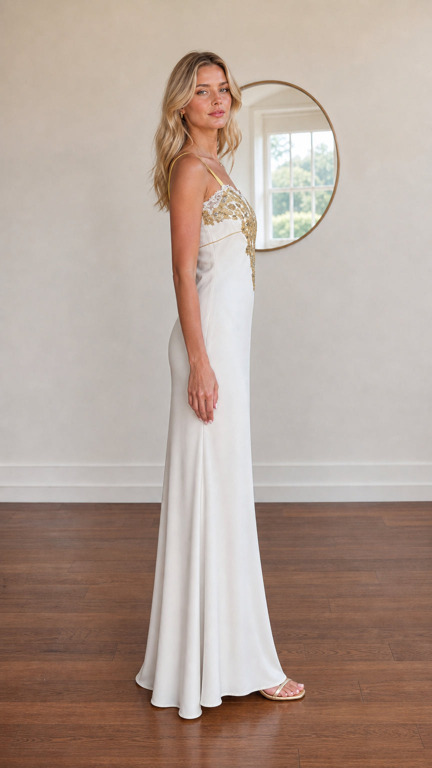 Model wearing white satin slip maxi dress side profile view