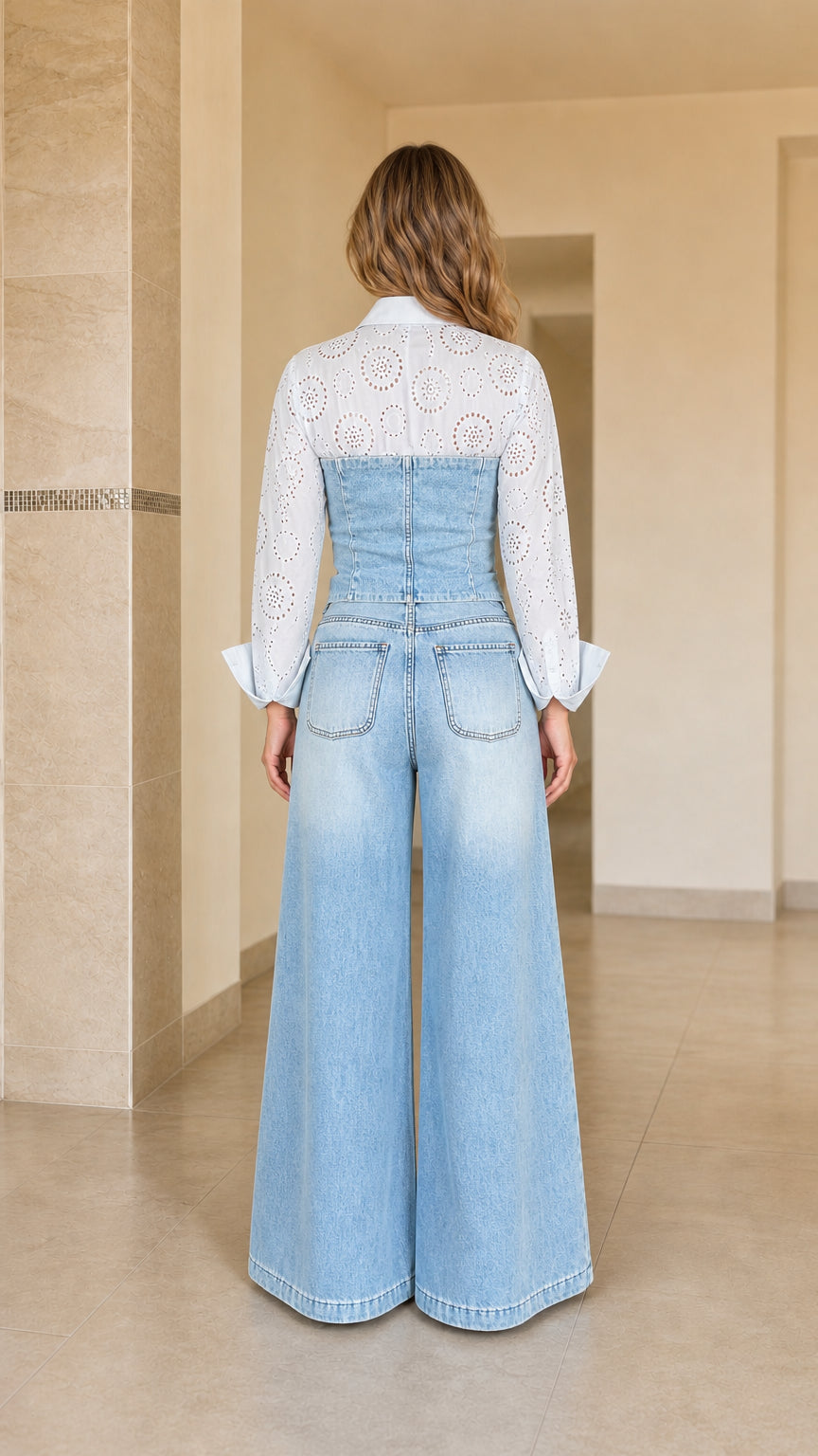 Back view of woman wearing Light Blue eyelet lace shirt and denim corset