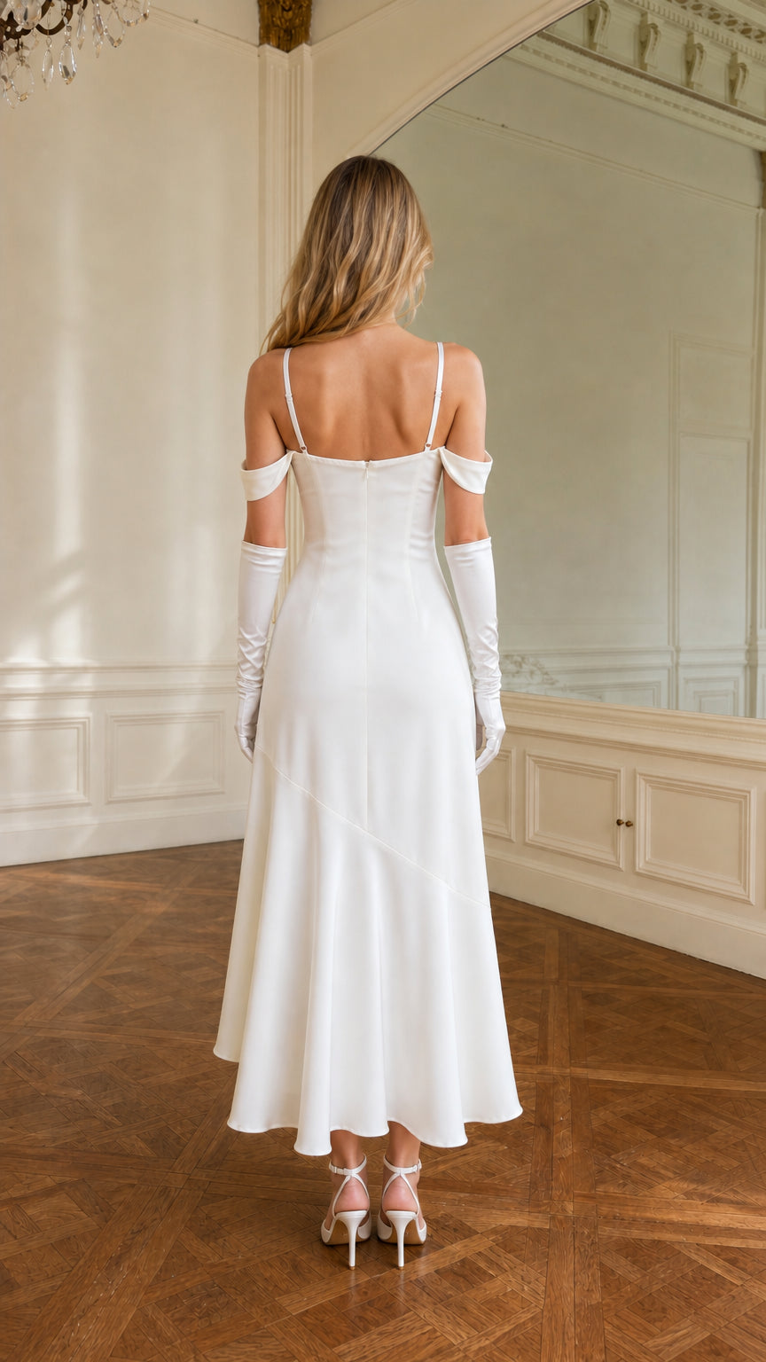 Back view of model wearing white cold-shoulder satin evening midi dress