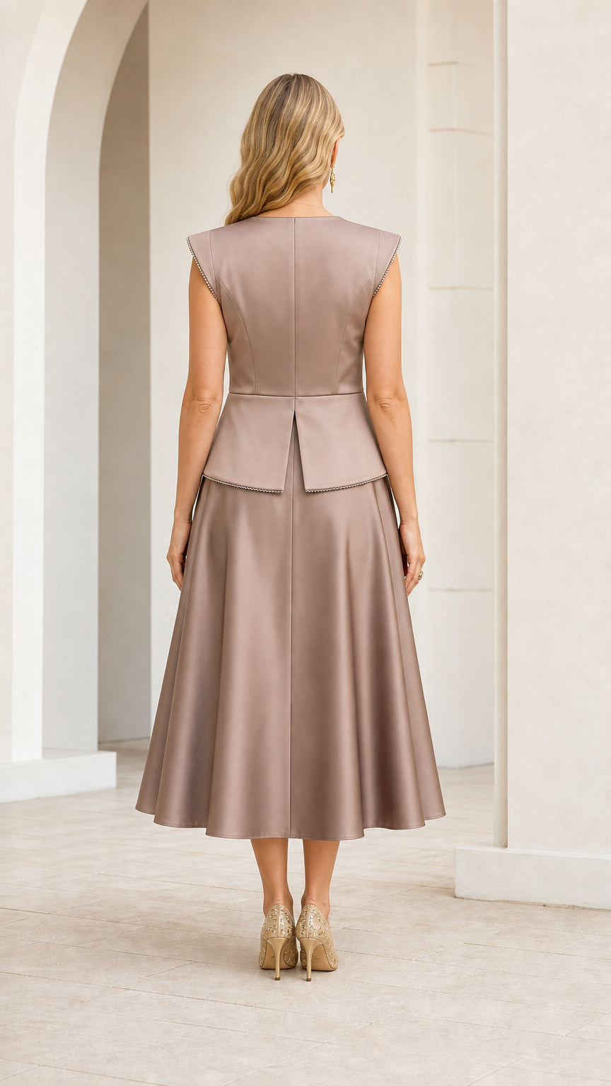 Back view of model showcasing tailored back bodice and flared midi skirt in taupe