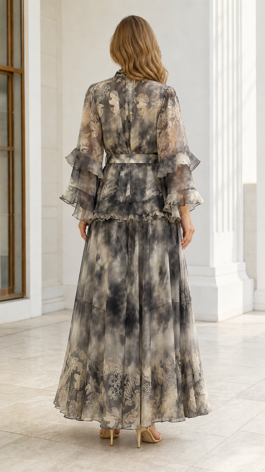 Smoky grey floral print chiffon maxi dress - back view