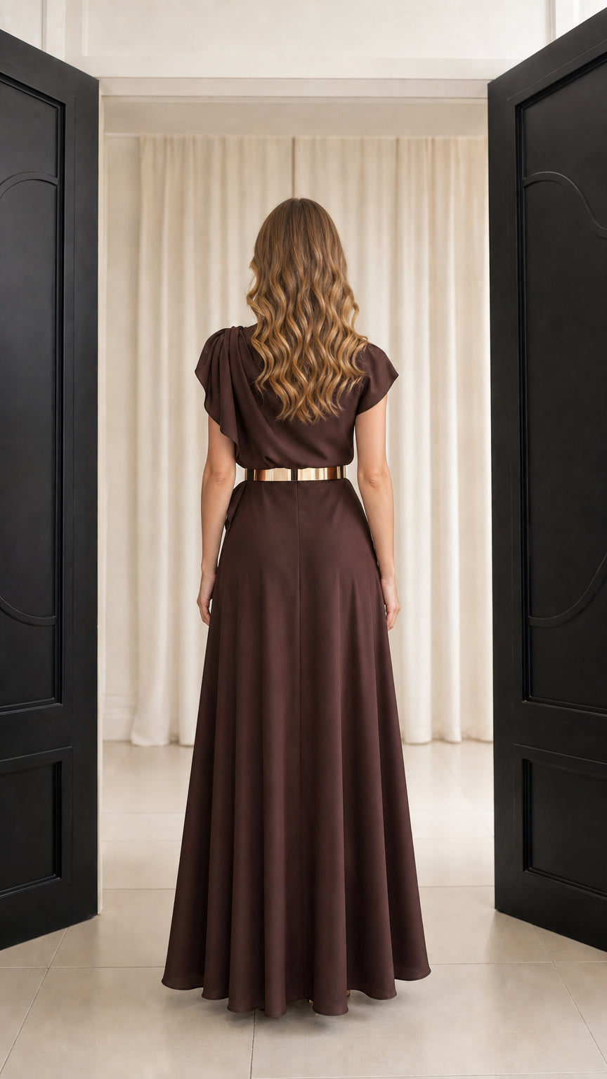 Back view of chocolate brown asymmetric draped floor-length gown