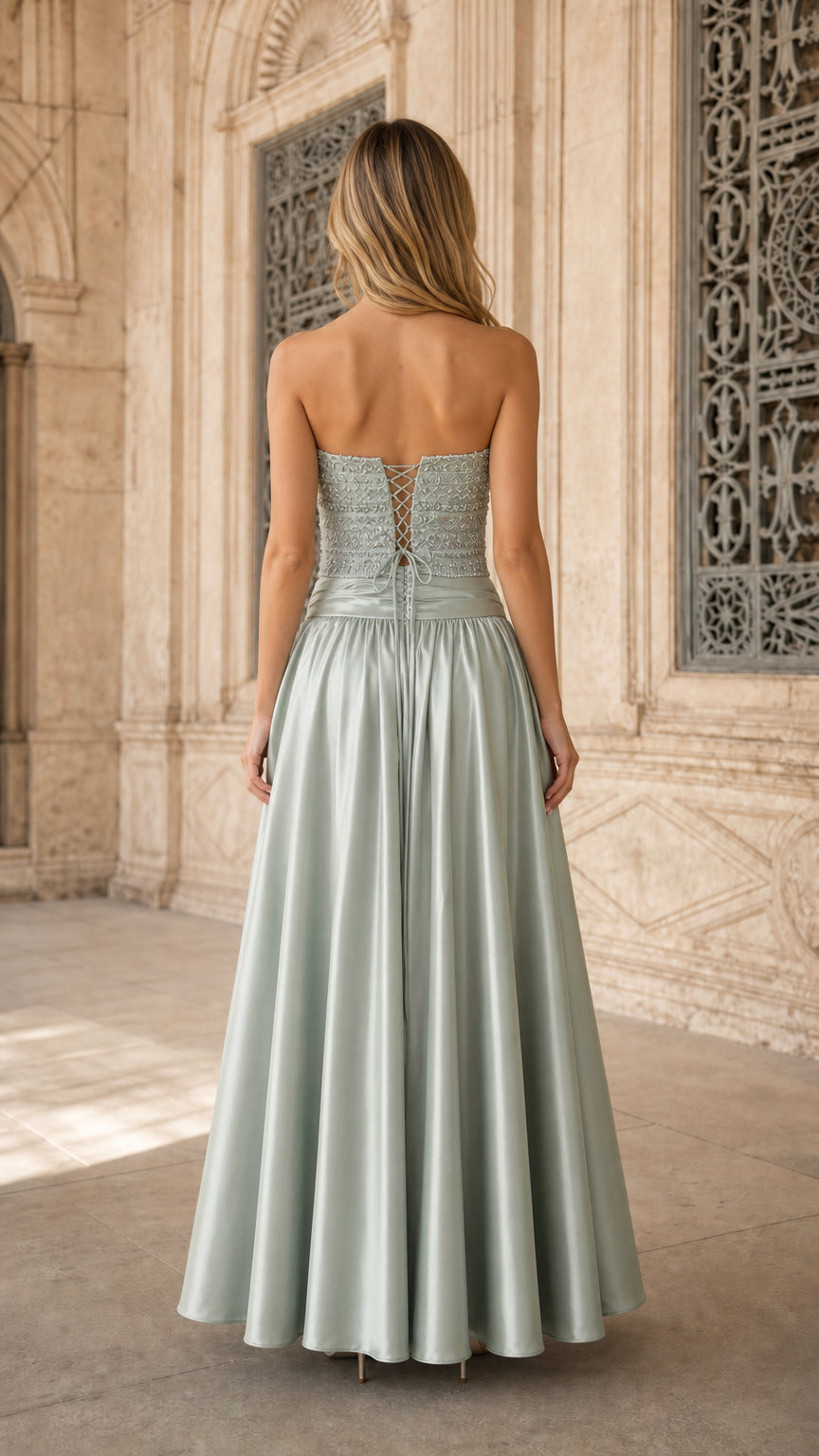 Back view showing lace-up corset detail on sage green evening maxi gown