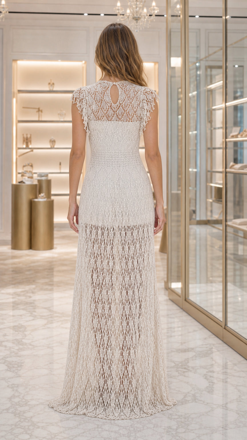 Back view of ivory lace formal dress showing illusion neckline detail
