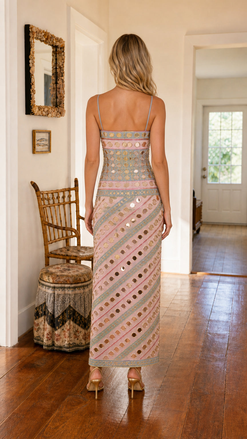 Back view of Pastel Pink spaghetti strap embellished evening dress