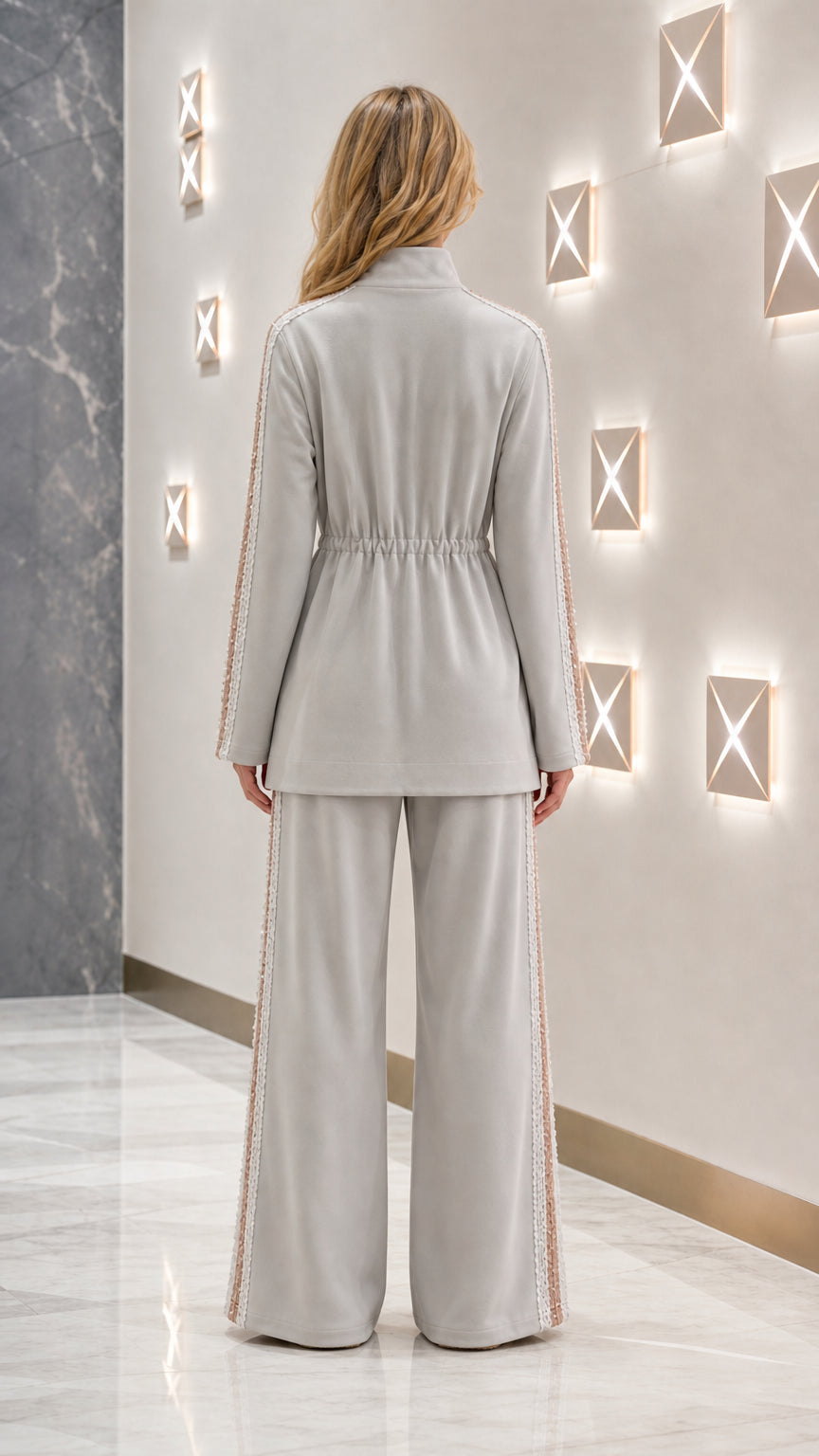 Back view of Light Grey matching tracksuit showing cinched drawstring waist