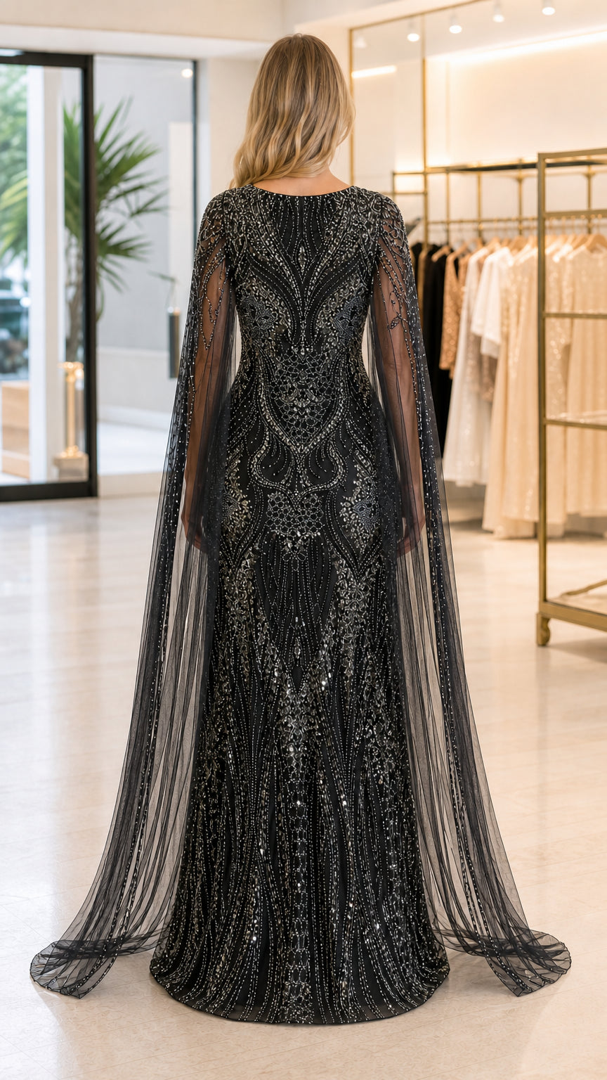 Back view of black sequin formal gown showing symmetrical beadwork and long cape