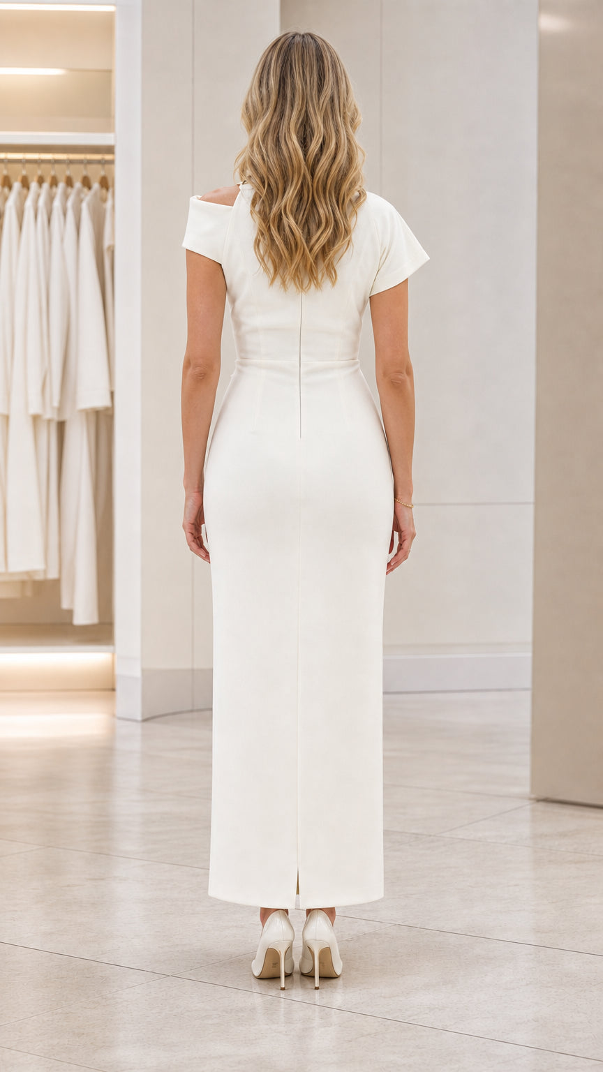 Back view of ivory column maxi dress showing back zipper and hem slit