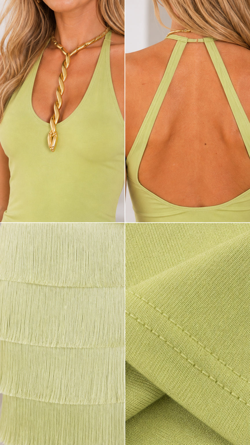 Close-up details of pistachio green halter neckline, open back, and tiered fringe fabric