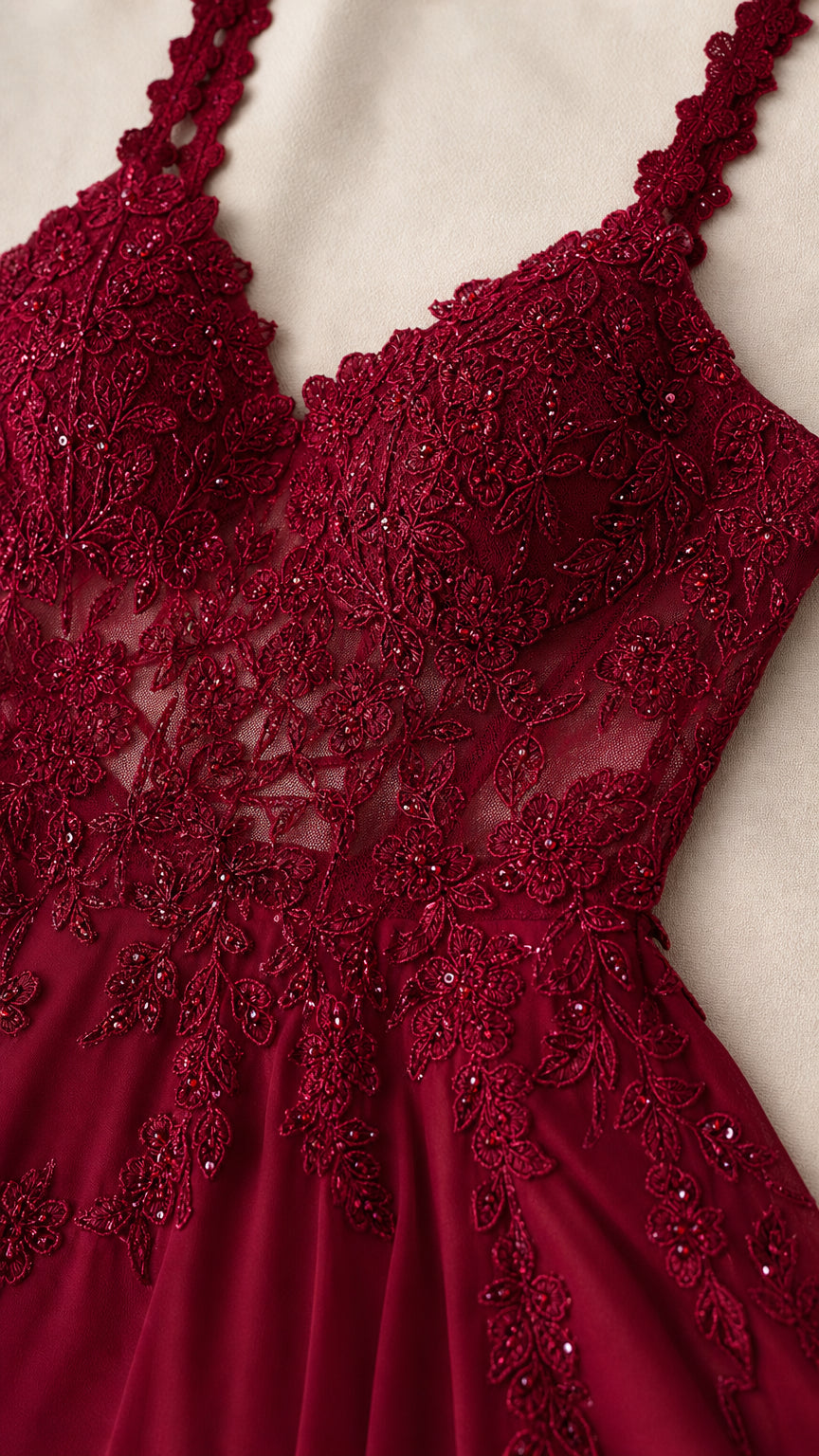 Close-up detail of burgundy floral lace embroidered bodice with sweetheart neckline