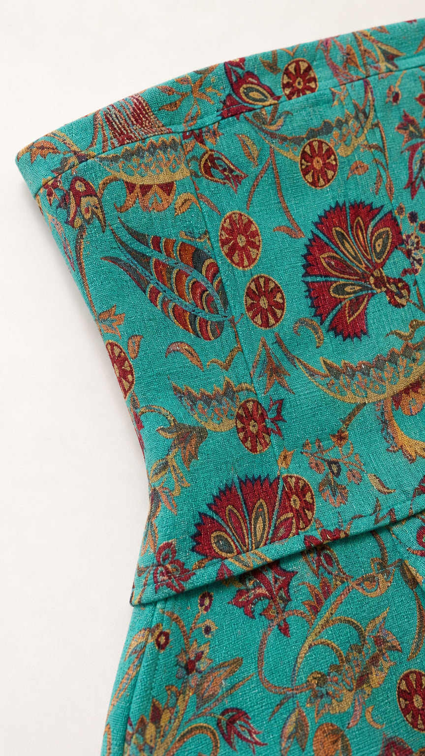 Close-up detail of textured Teal floral tapestry woven fabric