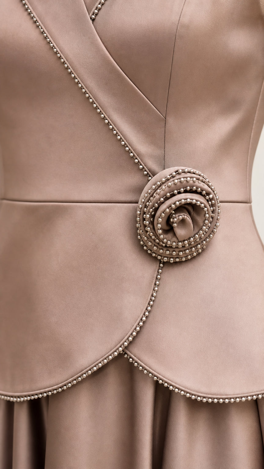 Close-up detail of beaded trim and dimensional rosette waist accent