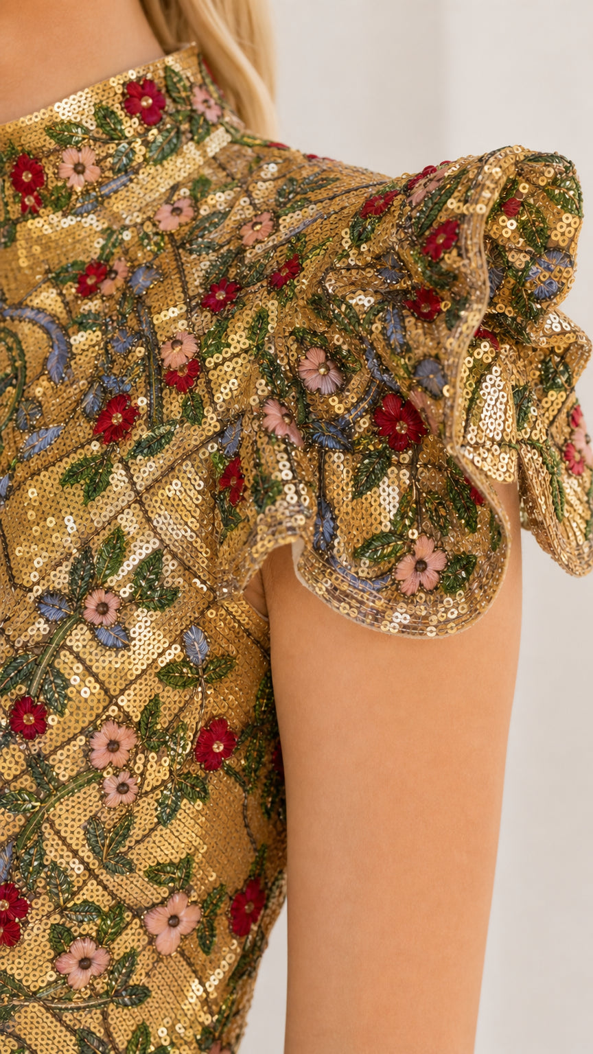 Close-up detail of gold sequin lattice fabric and colorful floral embroidery
