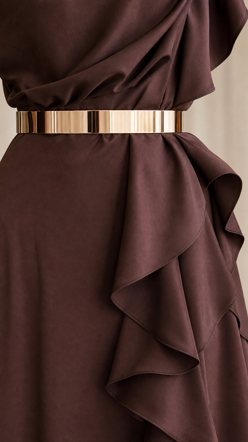 Close-up detail of chocolate brown gown showing gold belt and cascading side ruffle