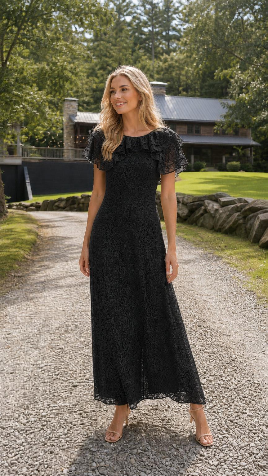Full length photo of model in classic black tiered ruffle lace maxi dress