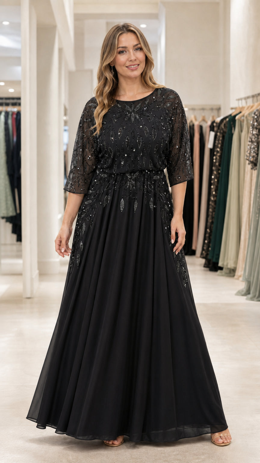 Front full view of black embellished sequin 3/4 sleeve chiffon maxi dress