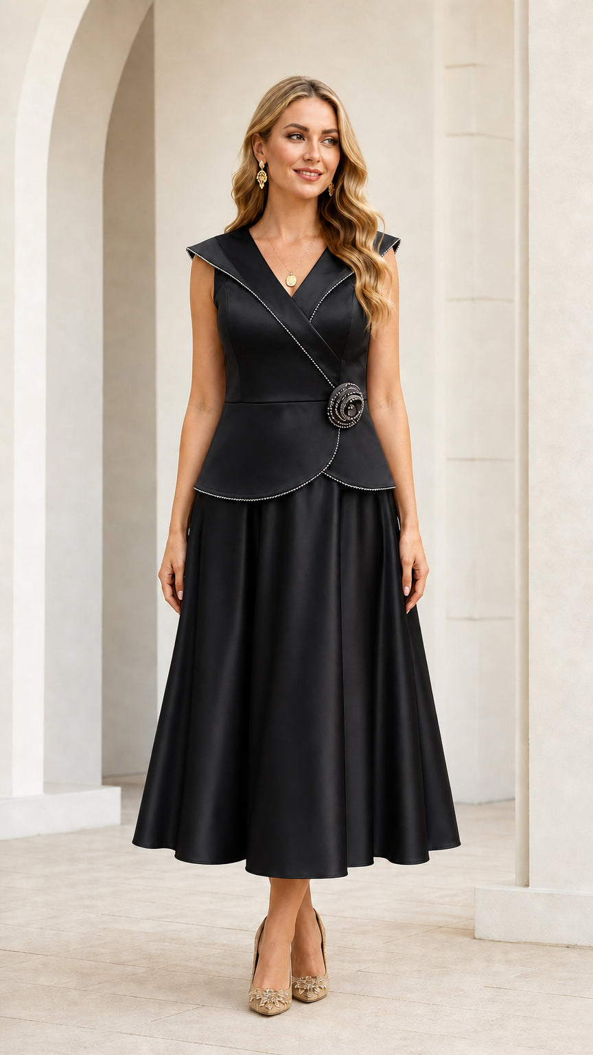 Front view of black sleeveless peplum midi formal dress