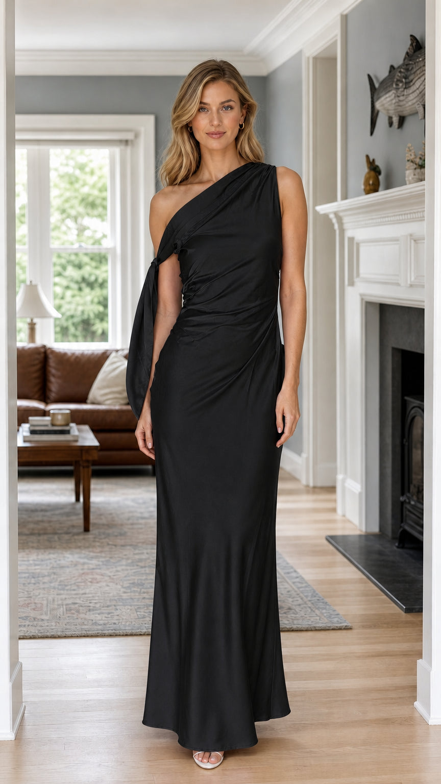 Front view of black one-shoulder ruched satin maxi dress