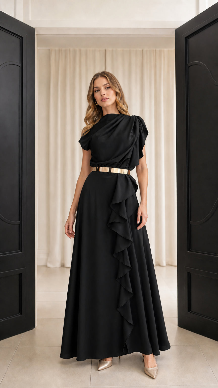 Black draped asymmetrical evening maxi dress with metallic belt accent