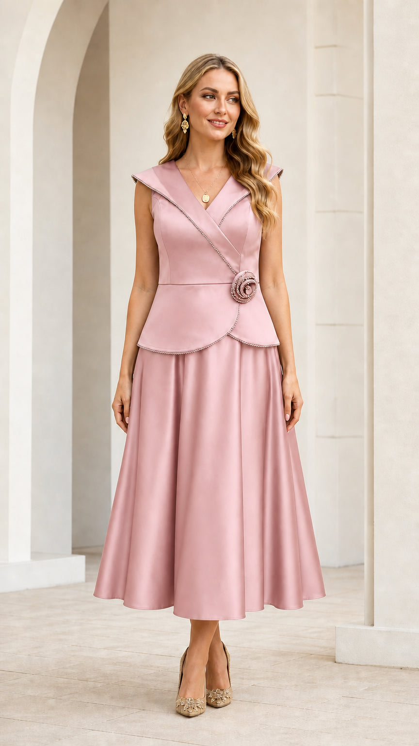 Front view of blush pink sleeveless peplum formal midi dress
