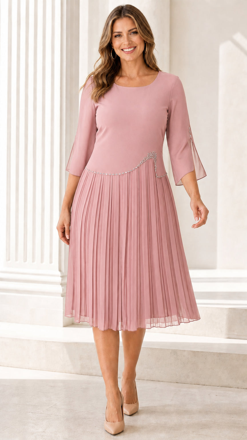 Full front view of model wearing the Dusty Pink pleated midi dress with sheer sleeves