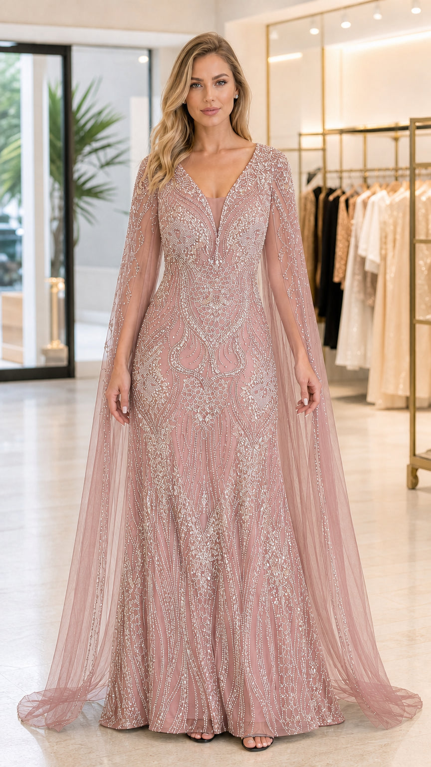 Front view of dusty rose pink sequined cape sleeve evening gown