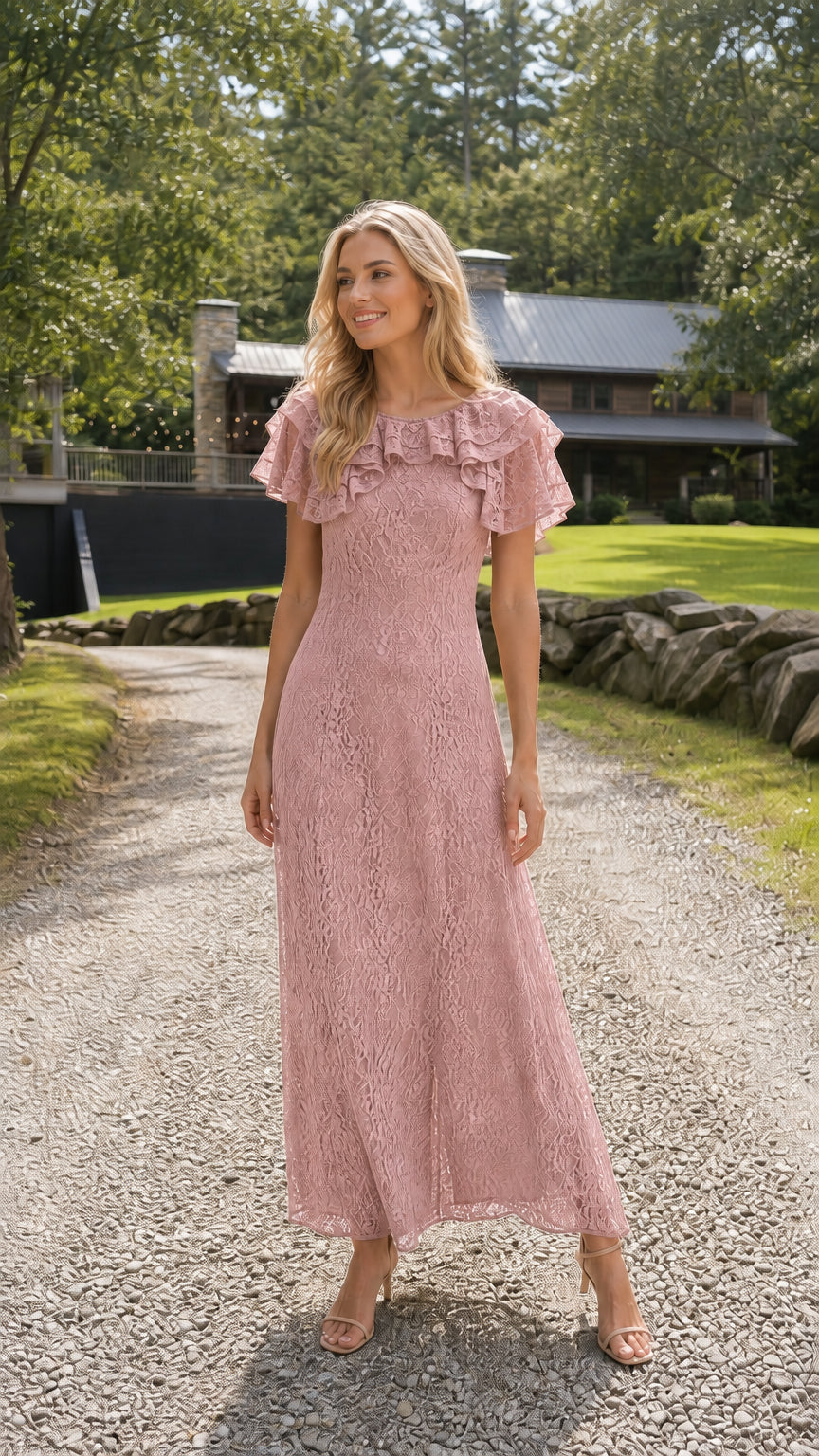 Full length photo of model in dusty pink floral lace flutter sleeve maxi gown
