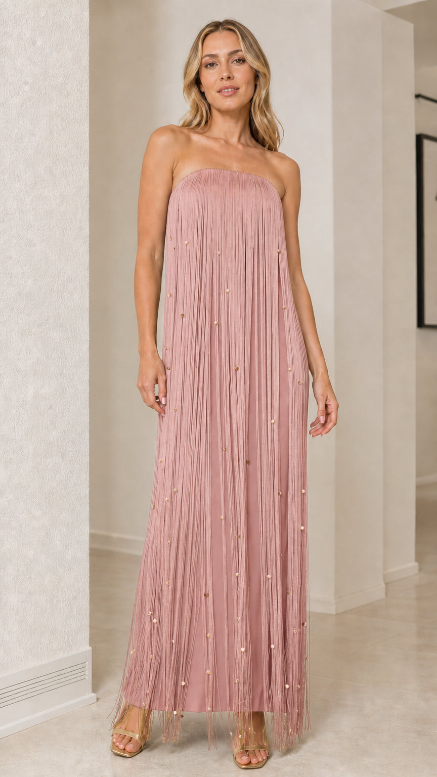 Dusty pink strapless beaded fringe maxi dress