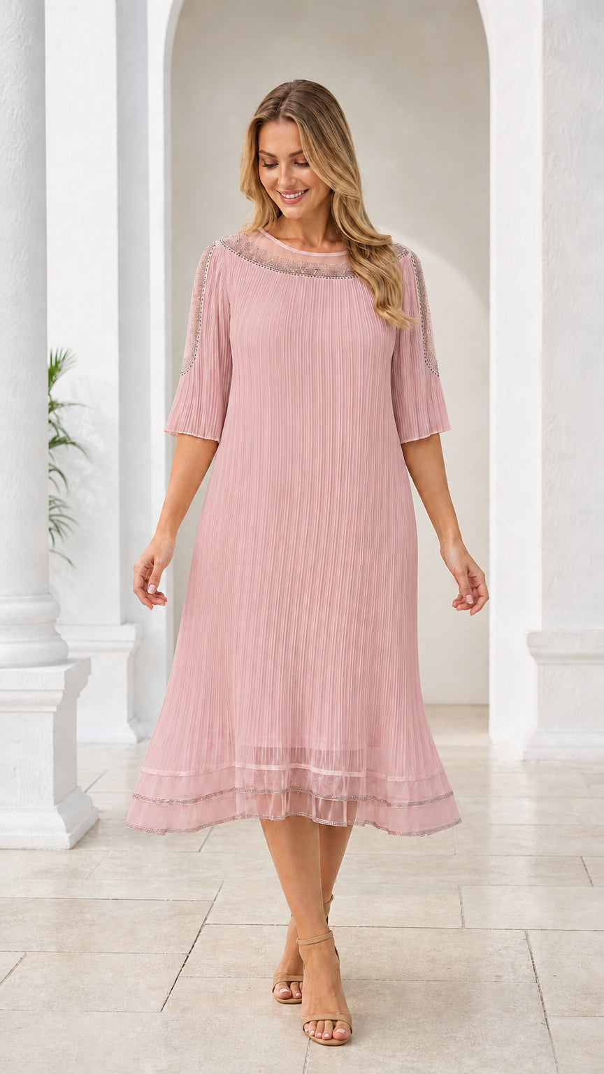 Dusty pink pleated midi dress with rhinestone illusion neckline and half sleeves
